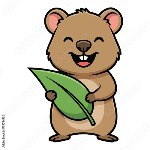 Cartoon quokka holding a green leaf on a white background