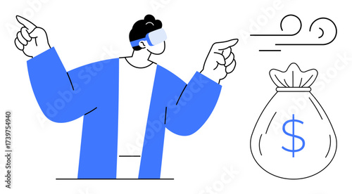 Man wearing VR glasses pointing as wind blows toward a money bag. Ideal for innovation, fintech, virtual economy, augmented reality, financial dreams, futuristic solutions, simple flat metaphor