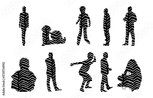 Vector illustration, Outline silhouettes of people, Contour drawing, people silhouette, Icon Set Isolated , Silhouette of sitting people, Architectural set