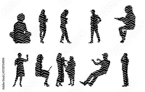 Vector illustration, Outline silhouettes of people, Contour drawing, people silhouette, Icon Set Isolated , Silhouette of sitting people, Architectural set