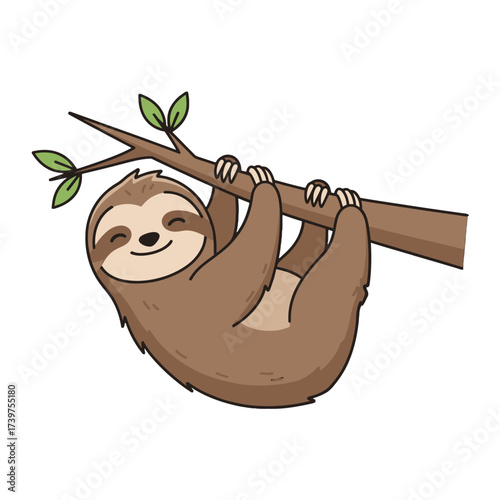A smiling cartoon sloth hanging upside down from a tree branch with green leaves on a white background.