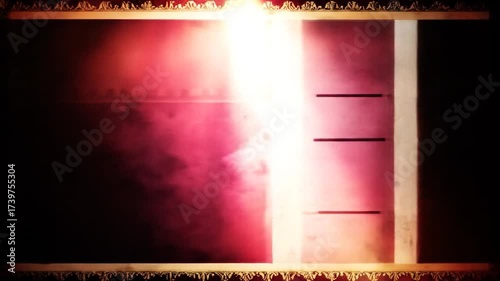 A spotlight illuminates a red textured screen with placeholders, set within an ornate, vintage frame