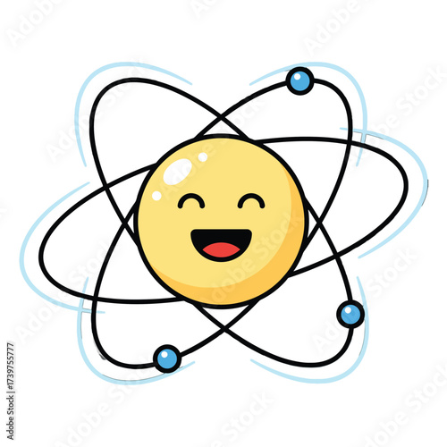 Cartoon smiley face atom with orbiting electrons on white background