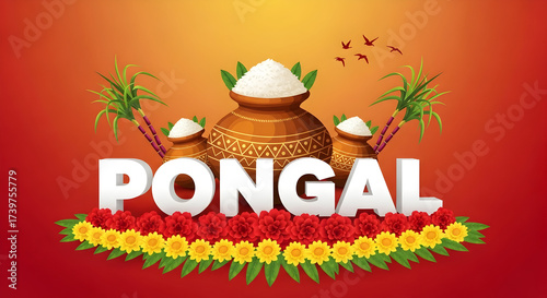 Festive pongal celebration design with pots of rice sugarcane and flowers on an orange background for traditional indian harvest festival greetings