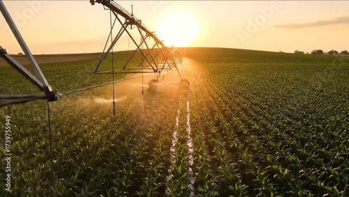 Irrigation system spraying water on crops during sunset in field  