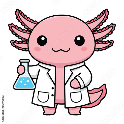 Cartoon axolotl wearing a lab coat holding a beaker with a blue liquid on a white background
