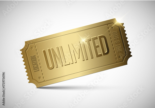 A dazzling golden unlimited ticket with a brilliant shine, symbolizing premium access and exclusive entry. This golden ticket offers unlimited possibilities for prestige.