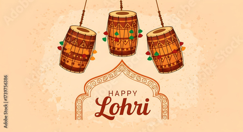 Festive happy lohri celebration with traditional drums and decorative elements for cultural events and holiday greetings in a warm and inviting atmosphere