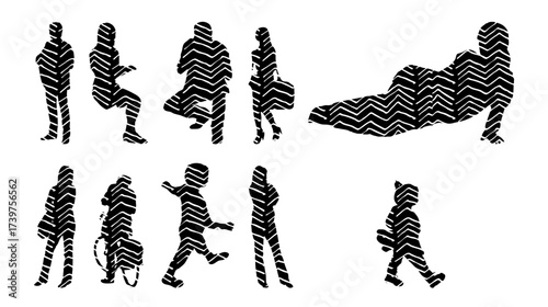 Vector illustration, Outline silhouettes of people, Contour drawing, people silhouette, Icon Set Isolated , Silhouette of sitting people, Architectural set