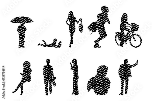 Vector illustration, Outline silhouettes of people, Contour drawing, people silhouette, Icon Set Isolated , Silhouette of sitting people, Architectural set