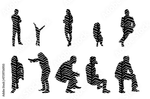 Vector illustration, Outline silhouettes of people, Contour drawing, people silhouette, Icon Set Isolated , Silhouette of sitting people, Architectural set