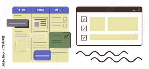 Task board divided into three stages with color-coded cards and checklist interface. Ideal for productivity, planning, workflow, project management, organization, teamwork, task prioritization