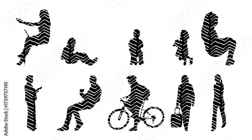 Vector illustration, Outline silhouettes of people, Contour drawing, people silhouette, Icon Set Isolated , Silhouette of sitting people, Architectural set