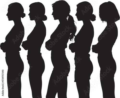 Silhouetted Profiles of Five Women Standing with Arms Crossed Conveying Solidarity and Diversity in a Minimalist Design Against a White Background