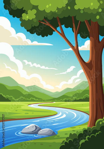 Vibrant vector illustration of a serene natural landscape featuring a winding river, lush green fields, and a towering tree under a bright blue sky, embodying tranquility and environmental beauty