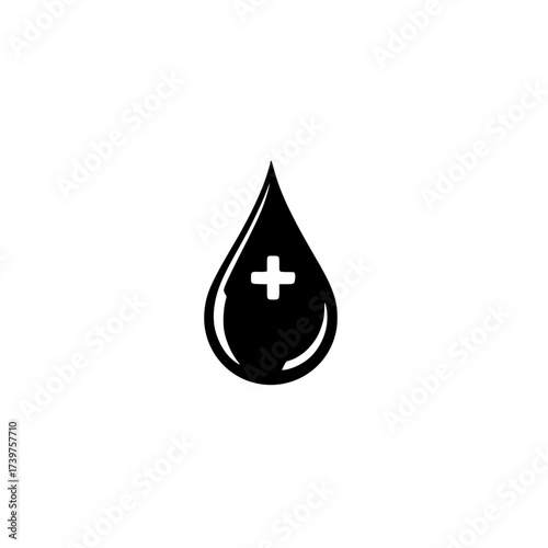 Simple vector graphic of a blood drop with a plus sign, symbolizing health, medical care, first aid, and donation, ideal for healthcare applications and wellness designs