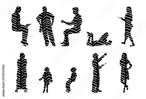 Vector illustration, Outline silhouettes of people, Contour drawing, people silhouette, Icon Set Isolated , Silhouette of sitting people, Architectural set