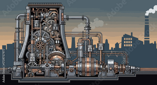Intricate Steampunk Machine Cross-Section Illustration: Detailed Industrial Engine with Gears, Pistons, and Pipes in a Retro-Futuristic Mechanical Design, Flat Vector Elements, Vector Illustration,