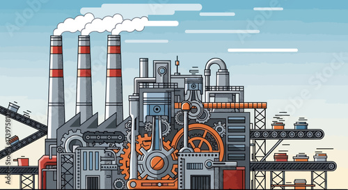 Industrial Factory with Smokestacks Emitting Smoke, Gears, and Conveyor Belts - Detailed Vector Illustration of Manufacturing Process and Pollution, Flat Vector Elements, Vector Illustration, Simple