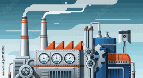 Flat Design Industrial Factory Illustration with Smoking Chimneys and Machinery against a Blue Sky, Flat Vector Elements, Vector Illustration, Simple Vector, Stylized Vector Drawing, Vector Template,