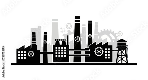 Modern Industrial Factory Vector Illustration with Gears and Chimneys on White Background, Representing Manufacturing and Production, Flat Vector Elements, Vector Illustration, Simple Vector,
