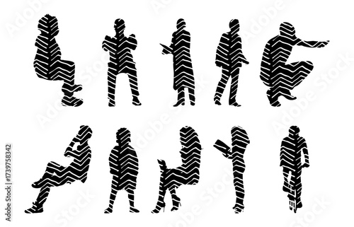 Vector illustration, Outline silhouettes of people, Contour drawing, people silhouette, Icon Set Isolated , Silhouette of sitting people, Architectural set
