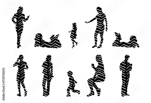 Vector illustration, Outline silhouettes of people, Contour drawing, people silhouette, Icon Set Isolated , Silhouette of sitting people, Architectural set