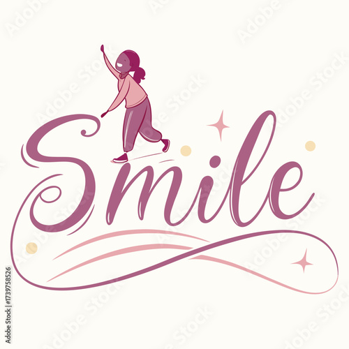 A joyful cartoon girl with a ponytail and a pink shirt and purple pants skates on the word smile in a playful whimsical and celebratory style with decorative elements