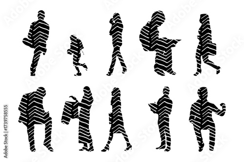 Vector illustration, Outline silhouettes of people, Contour drawing, people silhouette, Icon Set Isolated , Silhouette of sitting people, Architectural set