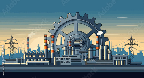 Vector illustration of an industrial complex featuring factories, power plants, smokestacks, and power lines against a vibrant gradient sky., Flat Vector Elements, Vector Illustration, Simple Vector,