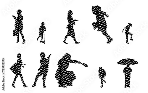 Vector illustration, Outline silhouettes of people, Contour drawing, people silhouette, Icon Set Isolated , Silhouette of sitting people, Architectural set