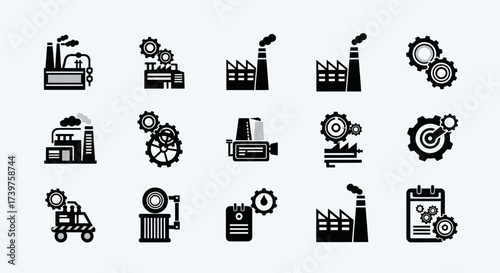 Industrial Sector Icons Set: Factories, Gears, and Mechanical Industry Symbols for Design Projects, Flat Vector Elements, Vector Illustration, Simple Vector, Stylized Vector Drawing, Vector Template,