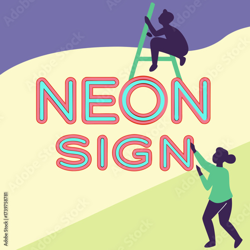 Silhouettes of people assembling a vibrant neon sign with glowing letters representing creativity and project completion against a colorful abstract background