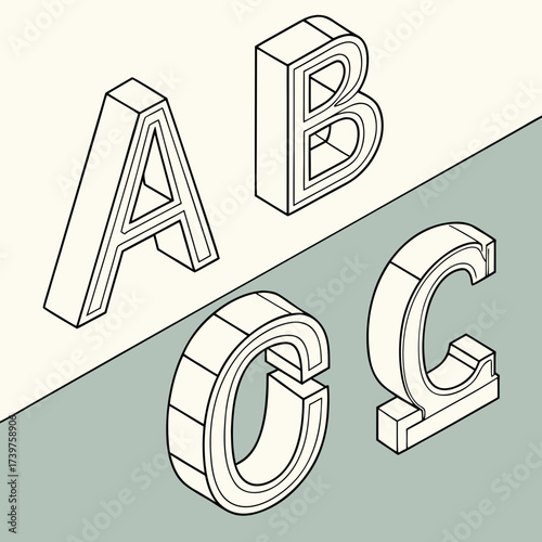 Three dimensional isometric outline letters a b and c rendered in a clean minimalist style against a split background of cream and light teal