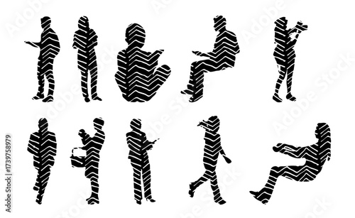 Vector illustration, Outline silhouettes of people, Contour drawing, people silhouette, Icon Set Isolated , Silhouette of sitting people, Architectural set