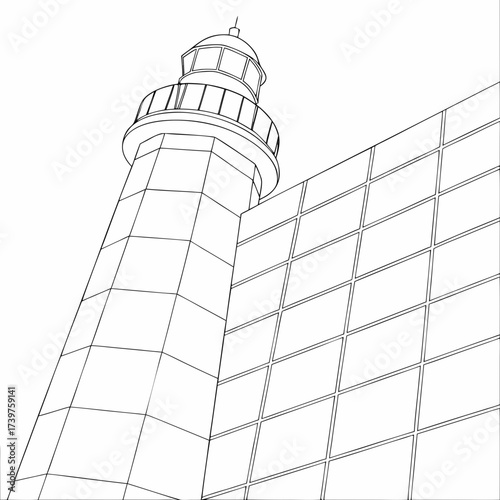 A striking black and white line art illustration of a modern lighthouse structure with a distinct geometric facade viewed from a low angle against a clean white background
