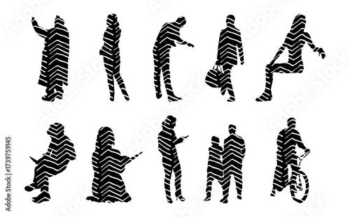 Vector illustration, Outline silhouettes of people, Contour drawing, people silhouette, Icon Set Isolated , Silhouette of sitting people, Architectural set