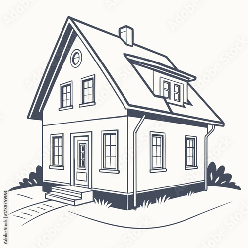 A charming detached house with a pitched roof dormer windows a chimney and a welcoming entrance depicted in a clean stylized line art illustration perfect for architectural concepts