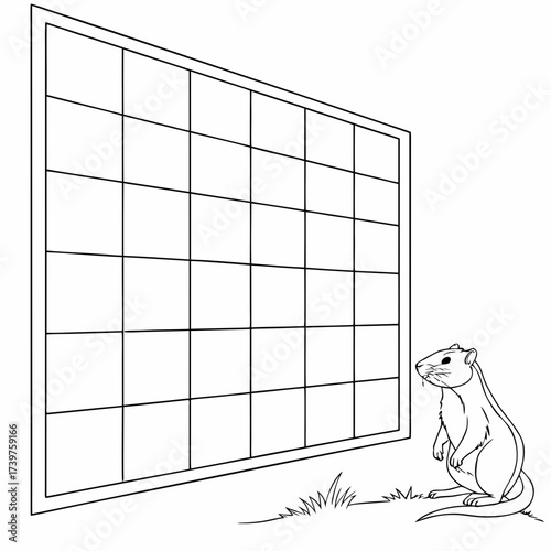 A curious chipmunk stands on its hind legs looking at a large grid of empty squares perhaps a game board or a calendar in a simple line drawing
