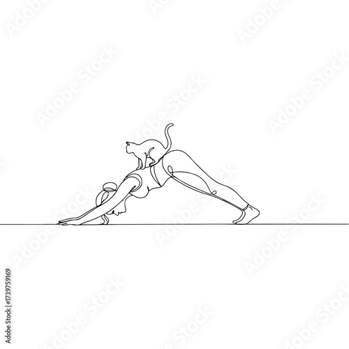 Yoga pose with a cat on the back, minimalist line art.