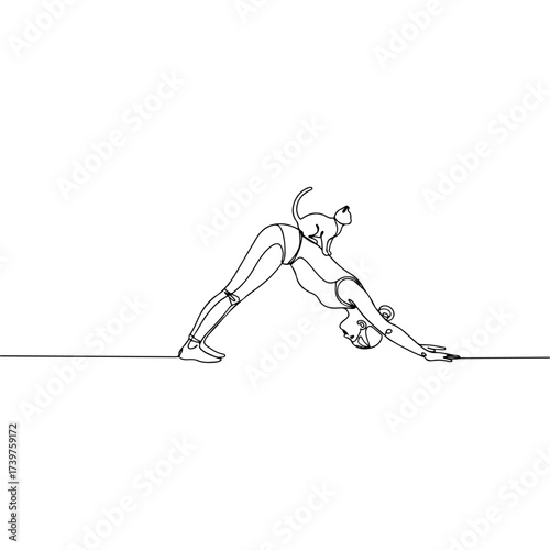 Yoga pose with cat, minimalist line art, white background.