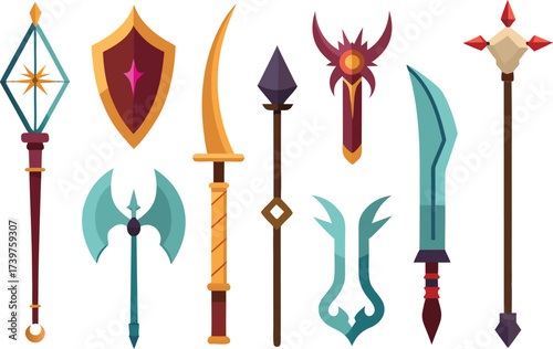 Fantasy weapon icons collection swords bows magic for game assets vector eps illustration