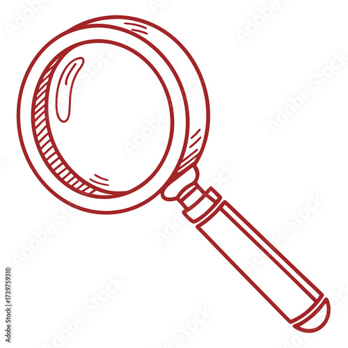 A simple hand drawn sketch of a magnifying glass with a red outline against a white background representing research discovery and investigation