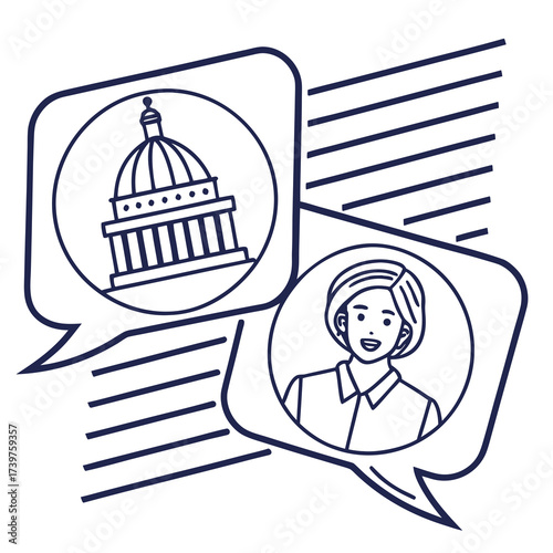Illustration of a person speaking about government and politics through a speech bubble with a capitol building icon representing communication and civic engagement
