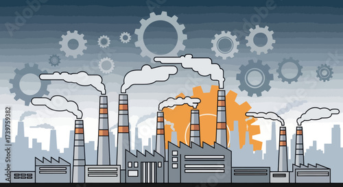 Industrial Factories Emitting Smoke and Pollution into the Sky with Gears, Illustrating Environmental Impact and Climate Change, Flat Vector Elements, Vector Illustration, Simple Vector, Stylized