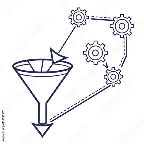 Conceptual illustration of a data filtering process with gears and arrows showing input processing and output representing workflow and optimization