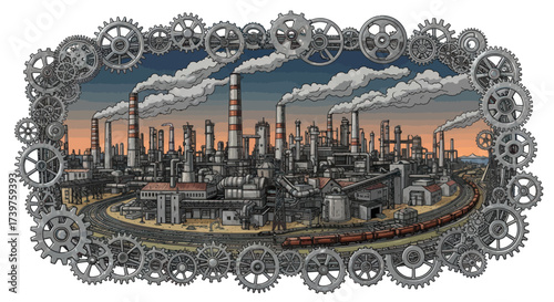Hand-Drawn Industrial Factory Complex with Smoking Chimneys and Railroad Tracks, Encased by Steampunk Gears Against a Sunset Sky Illustration, Flat Vector Elements, Vector Illustration, Simple