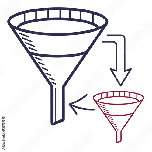 A conceptual illustration depicting a funnel filtering process with arrows showing input and output symbolizing data refinement selection and reduction in a simplified graphic style