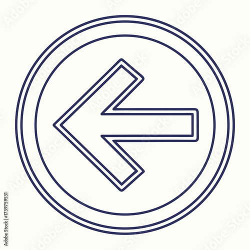 Simple dark blue outline of a left arrow symbol inside a double ring circle on a plain white background representing direction navigation or a back button