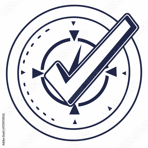 Abstract circular emblem with a bold checkmark symbol superimposed over a compass rose design representing accuracy direction and successful completion of a task or goal